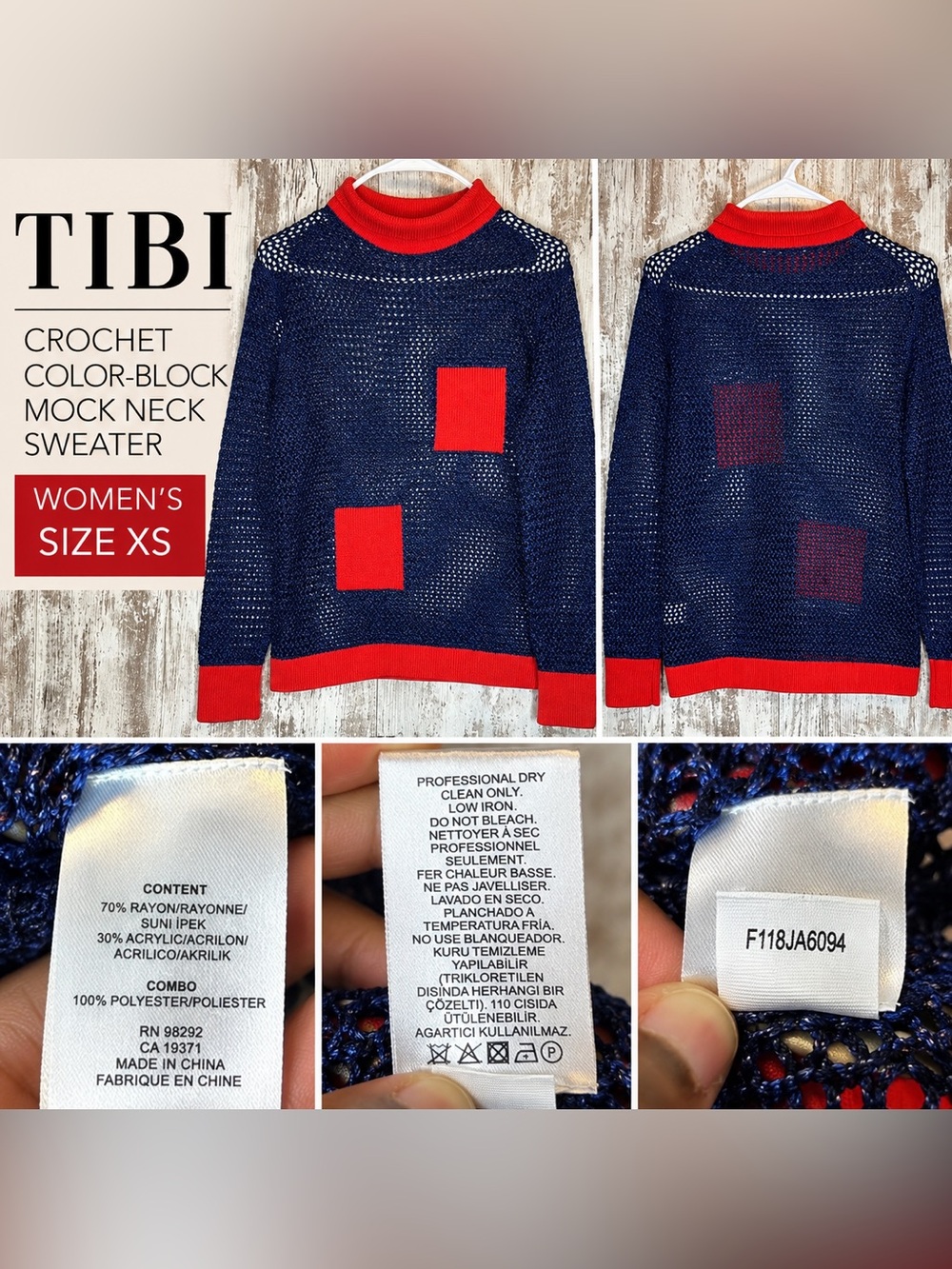 Tibi Crochet Patchwork Mock Neck Sweater Women’s XS Navy Red Open Knit